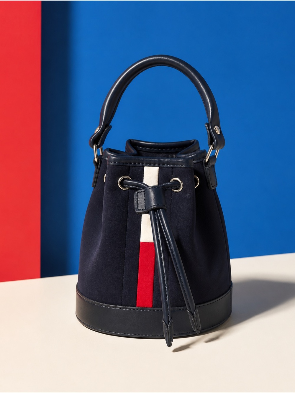 Tommy Hilfiger Vintage Navy Drawstring Bucket Bag Navy Blue Red & White Stripe